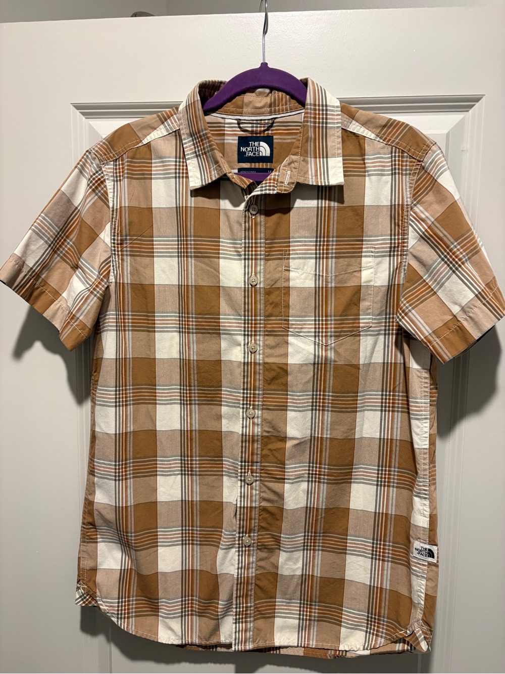 The North Face Men's Short Sleeve Plaid Button-Down Shirt - Brown & White